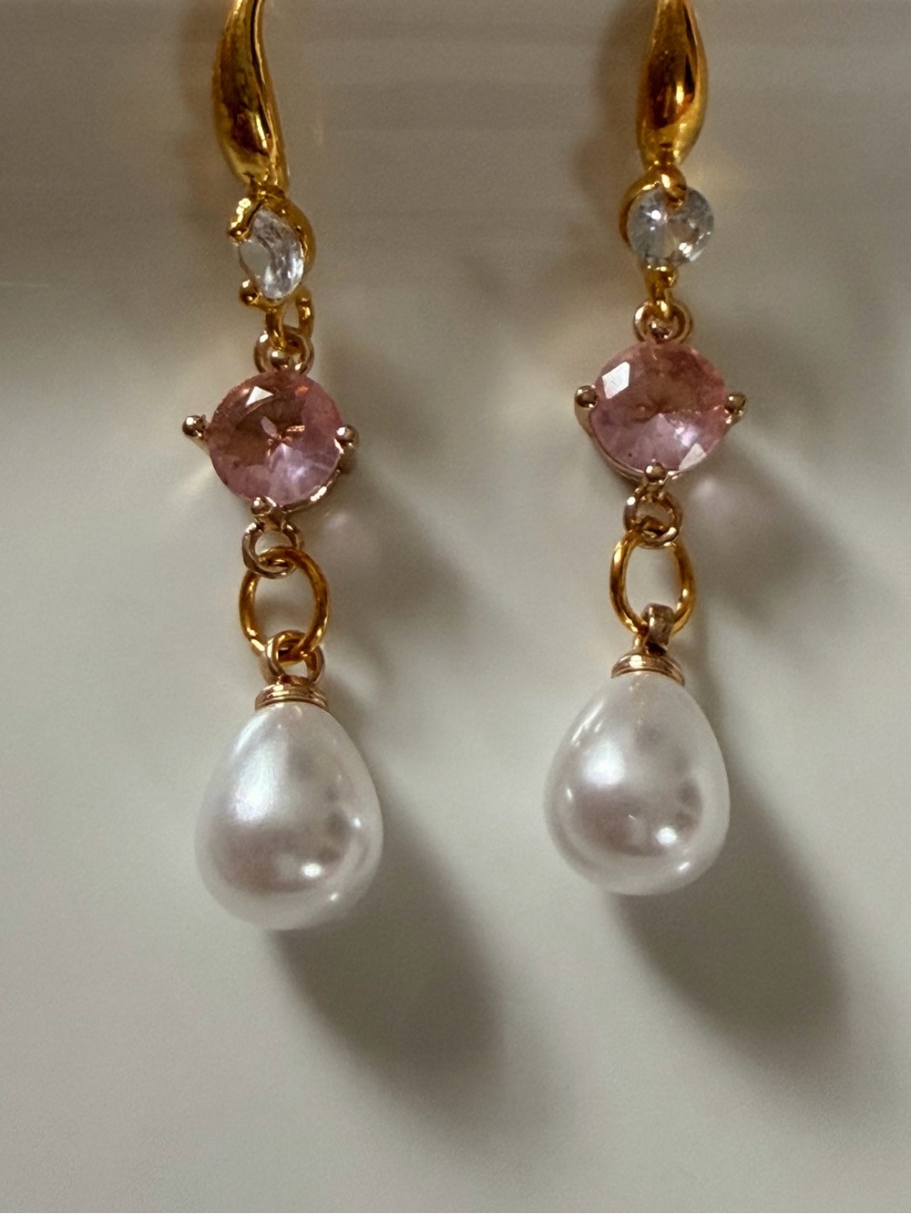 Gold Drop Earrings with Pink Stones and White Pearl Drops